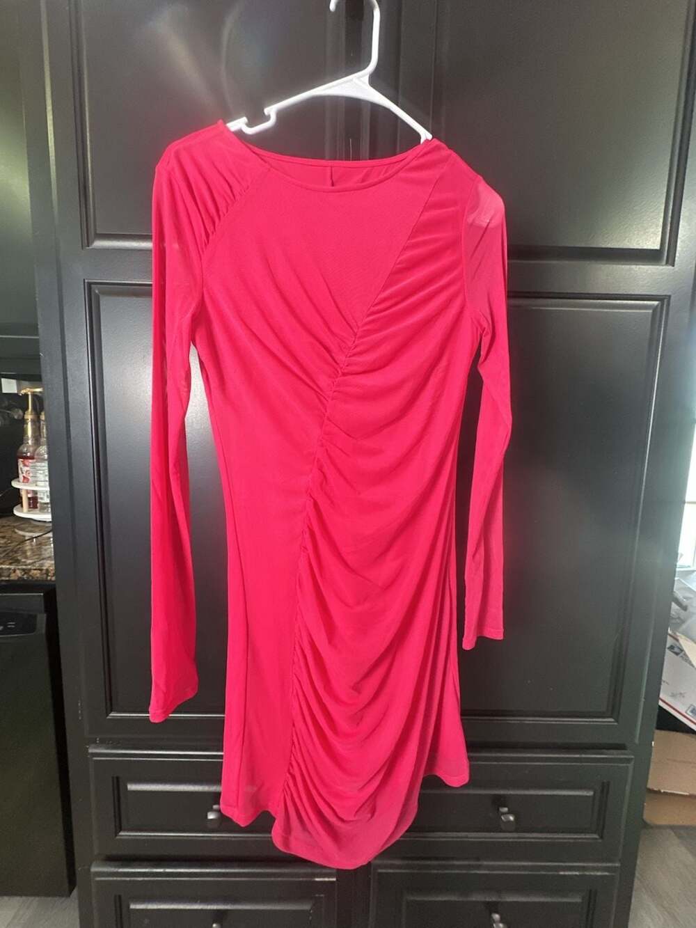 Shein Ruched Drawstring Long Sleeve Mesh Mini Dress in Hot Pink#825